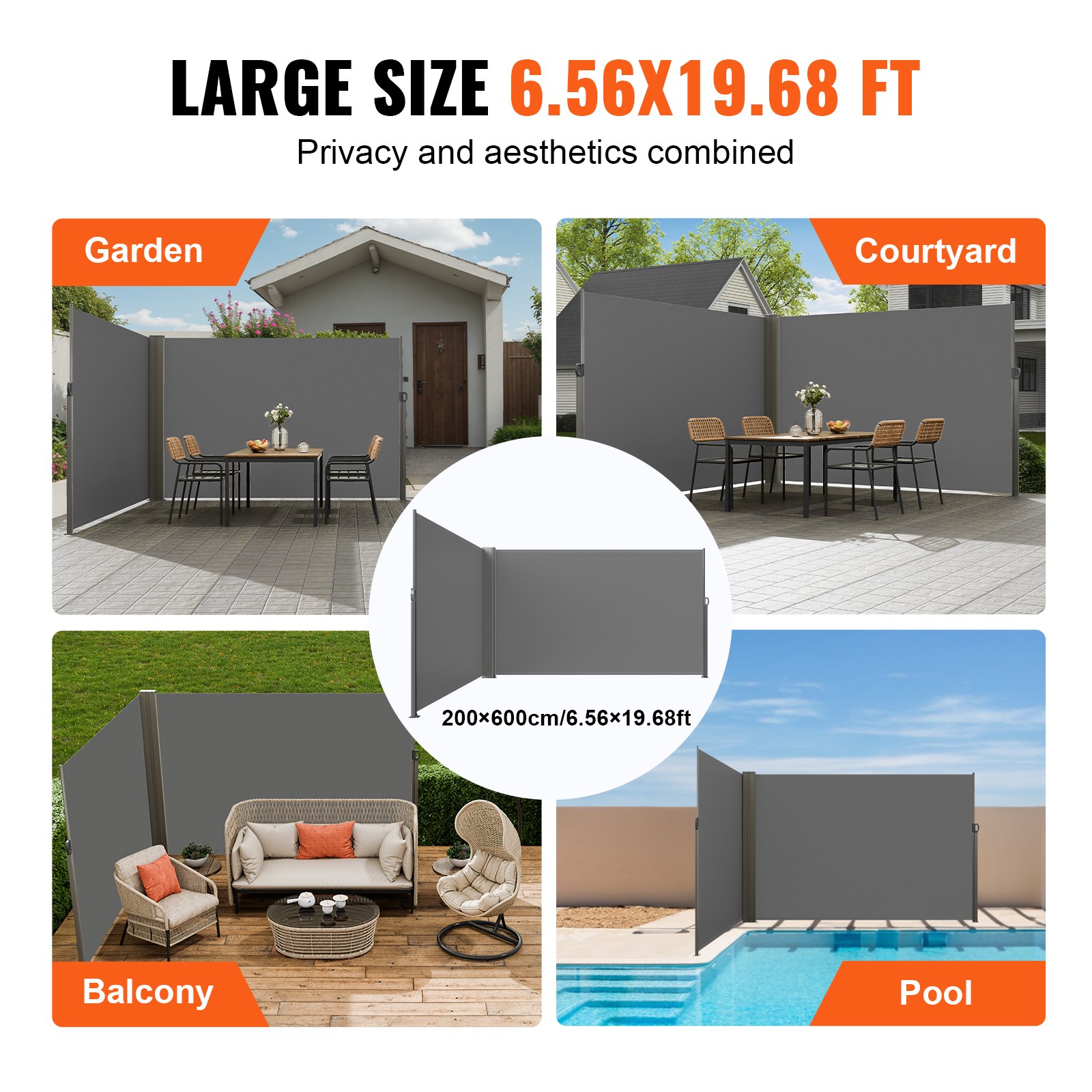 VEVOR Toldo Lateral Retráctil, Pantalla de Privacidad para Exteriores de 79''x 236'', Pantalla de Patio Retráctil Impermeable de Poliéster de 180g, Pantalla de Viento Divisor de Habitación UV 30+ para Patio, Patio Trasero, Balcón, Gris