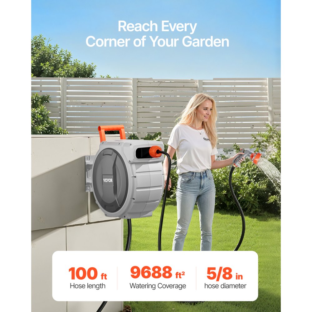 Carrete de manguera de jardín retráctil VEVOR, 5/8 pulgadas x 100 pies, carrete de pared, carrete de manguera de jardín resistente con boquilla de 9 patrones, bloqueo de longitud ajustable, sistema de retorno lento mejorado y soporte giratorio de 180°.