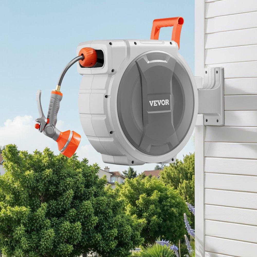 VEVOR - Carrete de manguera retráctil para jardín (1/2 pulgada x 84 pies, montaje en pared), resistente, con boquilla de 9 patrones, bloqueo de cualquier longitud, sistema de retorno lento mejorado y soporte giratorio de 180°.