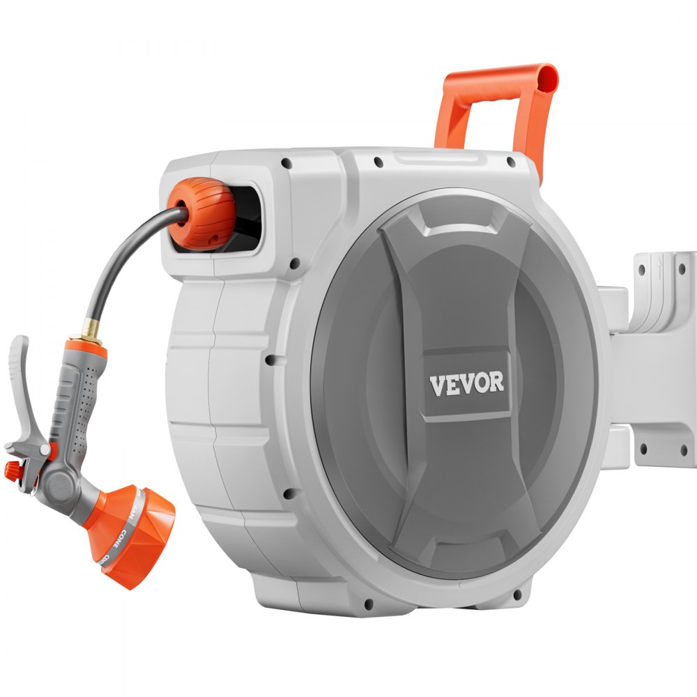 VEVOR - Carrete de manguera retráctil para jardín (1/2 pulgada x 84 pies, montaje en pared), resistente, con boquilla de 9 patrones, bloqueo de cualquier longitud, sistema de retorno lento mejorado y soporte giratorio de 180°.
