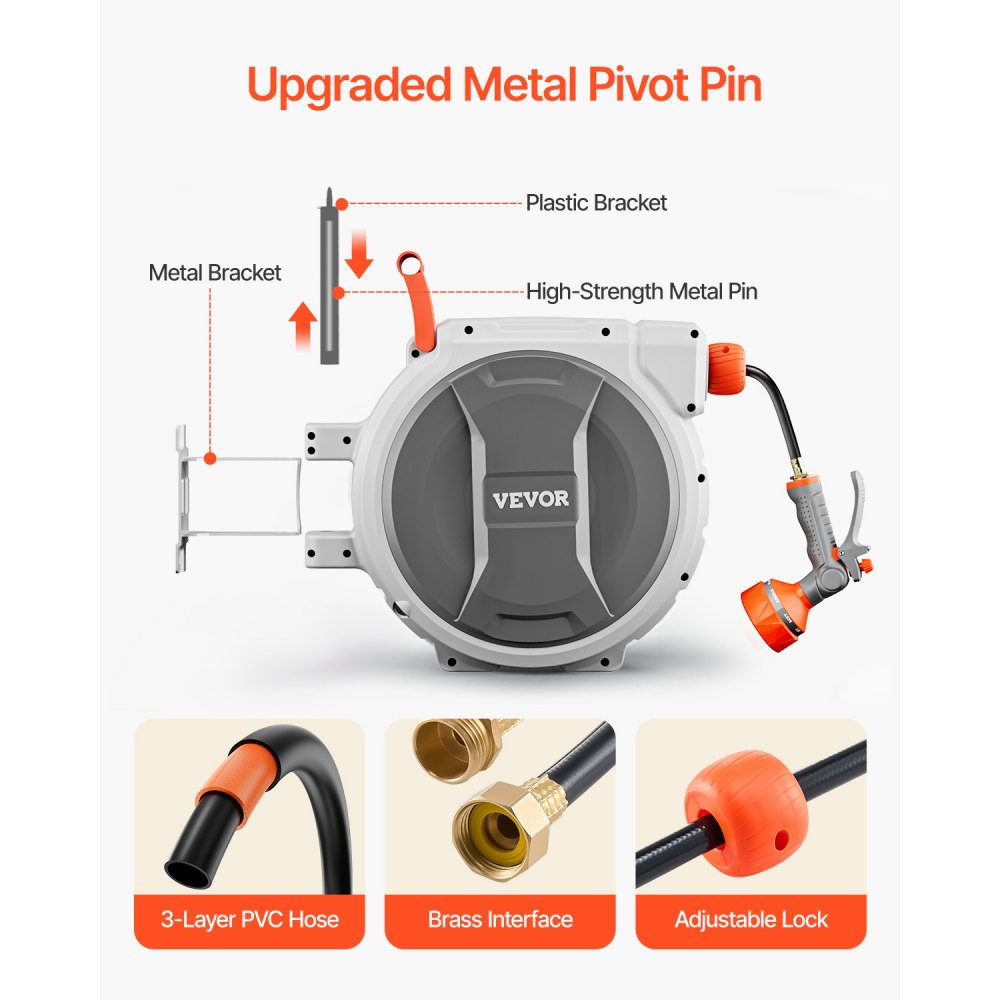 VEVOR - Carrete de manguera retráctil para jardín (1/2 pulgada x 145 pies, montaje en pared), resistente, con boquilla de 9 patrones, bloqueo de cualquier longitud, sistema de retorno lento mejorado y soporte giratorio de 180°.