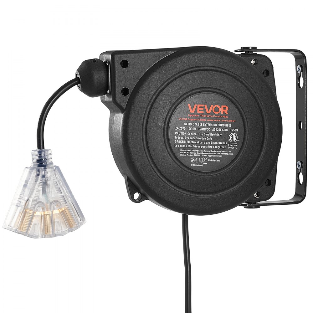 VEVOR Carrete de cable de extensión retráctil 9 metros (30 pies), resistente, 16 AWG/3C SJTOW, color negro, para montaje en techo/pared, disyuntor de 10 A, cable de alimentación retráctil automático