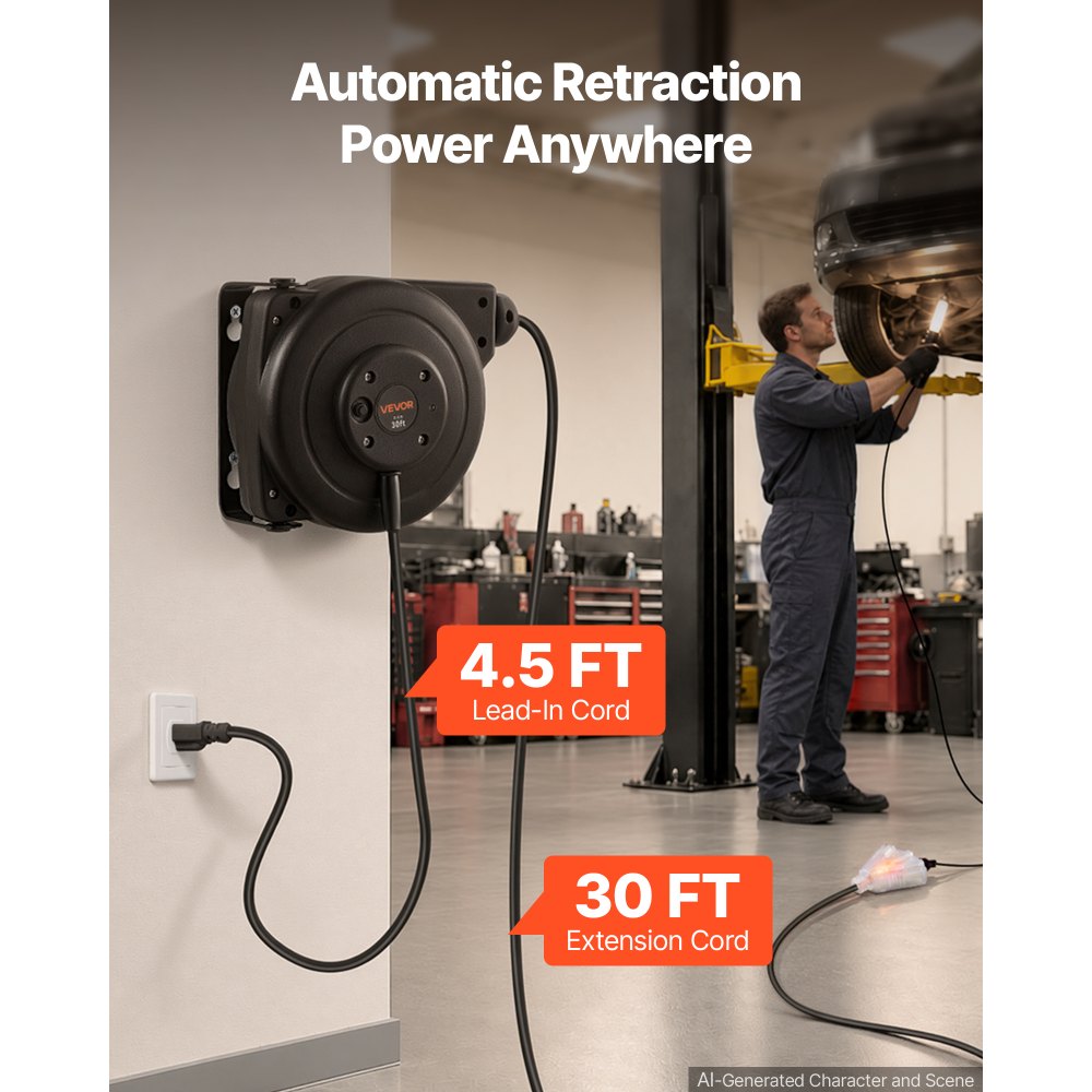 VEVOR Carrete de cable de extensión retráctil 9 metros (30 pies), resistente, 16 AWG/3C SJTOW, color negro, para montaje en techo/pared, disyuntor de 10 A, cable de alimentación retráctil automático