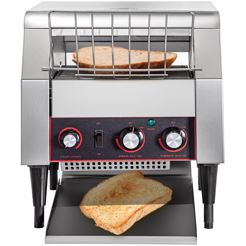 Tostadora comercial con cinta transportadora VEVOR de 300 rebanadas por hora, 2200 W, de acero inoxidable, resistente, con tubos de calentamiento dobles, equipo eléctrico de restaurante de encimera para panecillos, bagels y alimentos horneados.