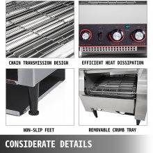 Tostadora transportadora comercial VEVOR de 300 rebanadas/hora, tostadora industrial resistente de acero inoxidable de 2200 W con tubos de calentamiento dobles, equipo de restaurante eléctrico de encimera para comida horneada con pan de bagel