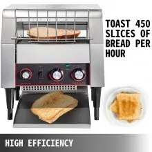 Tostadora transportadora comercial VEVOR 450 rebanadas/hora, tostadoras industriales de servicio pesado de acero inoxidable de 2600 W con tubos de calentamiento dobles, equipo de restaurante eléctrico de encimera para comida horneada con pan Bagel
