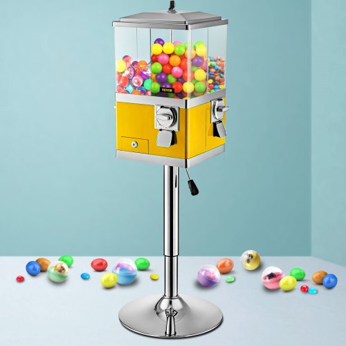 Máquina expendedora de caramelos VEVOR con soporte, dispensador de caramelos de cuarto amarillo, máquina expendedora de caramelos cuadrada giratoria de cuatro compartimentos, banco de chicles grande de PC y hierro, ruedas dispensadoras ajustables para bolas de chicle de 1