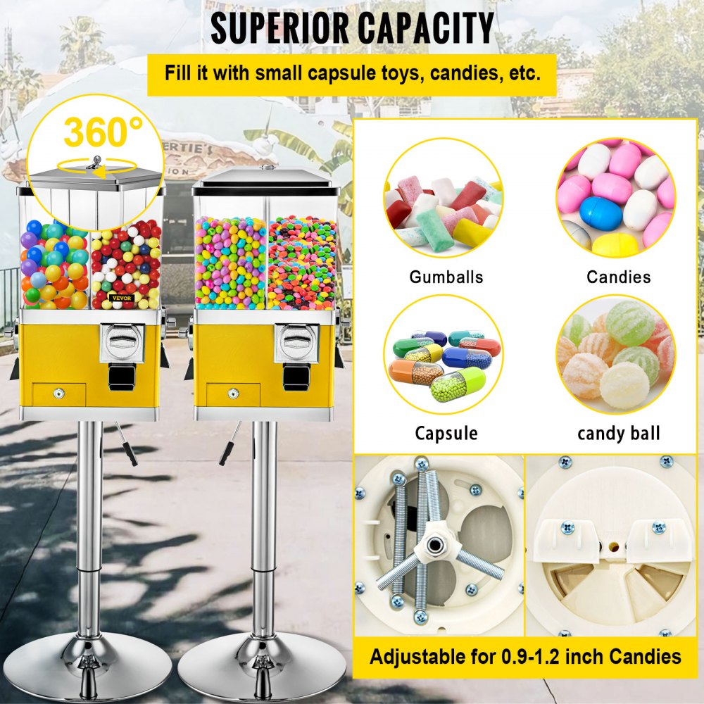 Máquina expendedora de caramelos VEVOR con soporte, dispensador de caramelos de cuarto amarillo, máquina expendedora de caramelos cuadrada giratoria de cuatro compartimentos, banco de chicles grande de PC y hierro, ruedas dispensadoras ajustables para bolas de chicle de 1