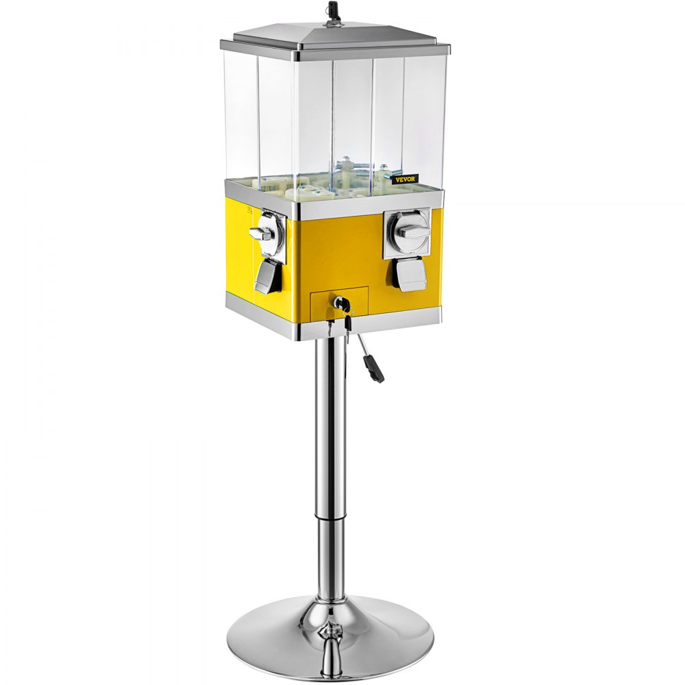 Máquina expendedora de caramelos VEVOR con soporte, dispensador de caramelos de cuarto amarillo, máquina expendedora de caramelos cuadrada giratoria de cuatro compartimentos, banco de chicles grande de PC y hierro, ruedas dispensadoras ajustables para bolas de chicle de 1