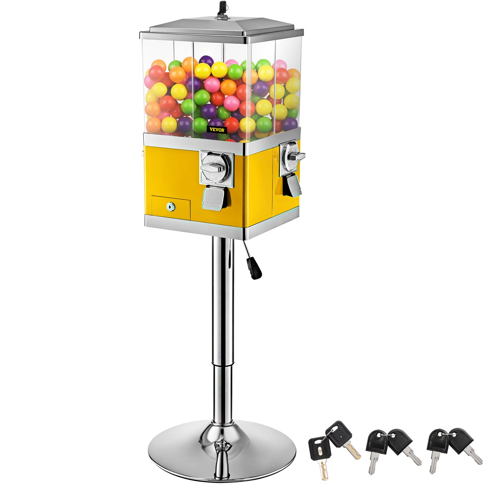Máquina expendedora de caramelos VEVOR con soporte, dispensador de caramelos de cuarto amarillo, máquina expendedora de caramelos cuadrada giratoria de cuatro compartimentos, banco de chicles grande de PC y hierro, ruedas dispensadoras ajustables para bolas de chicle de 1