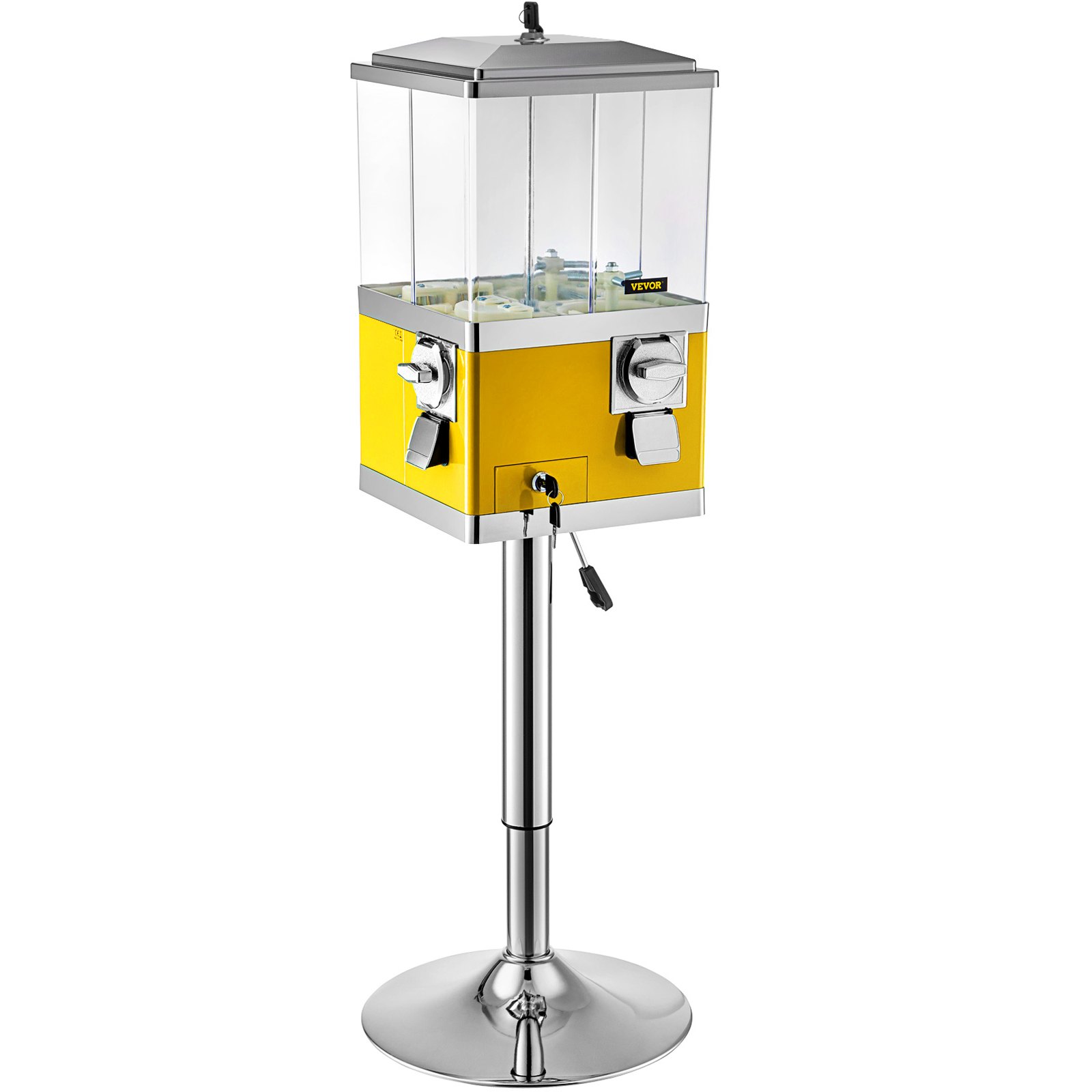 Máquina expendedora de caramelos VEVOR con soporte, dispensador de caramelos de cuarto amarillo, máquina expendedora de caramelos cuadrada giratoria de cuatro compartimentos, banco de chicles grande de PC y hierro, ruedas dispensadoras ajustables para bolas de chicle de 1
