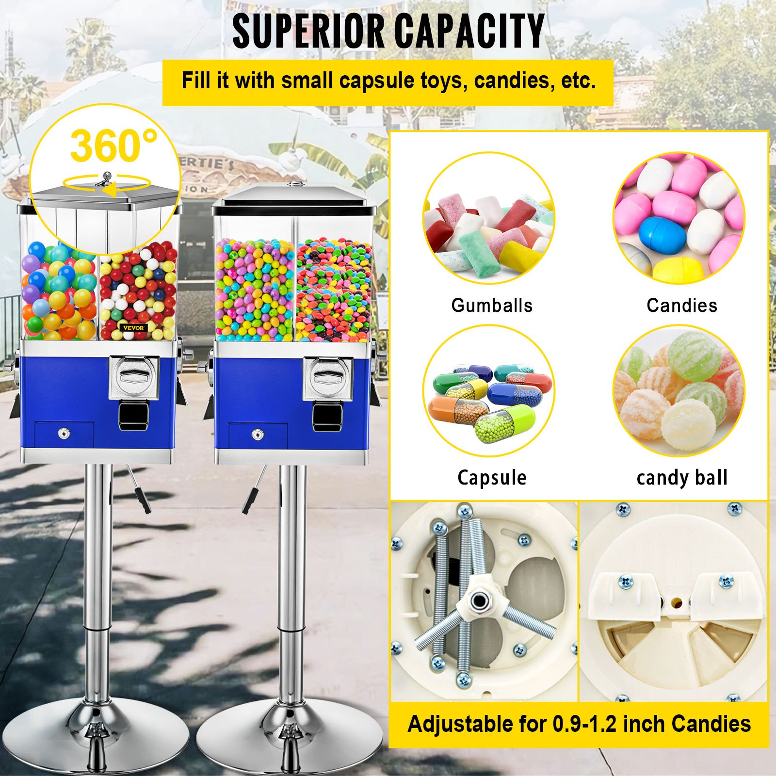 Máquina expendedora VEVOR que exhibe chicles, caramelos y juguetes en cápsula con una capacidad superior.