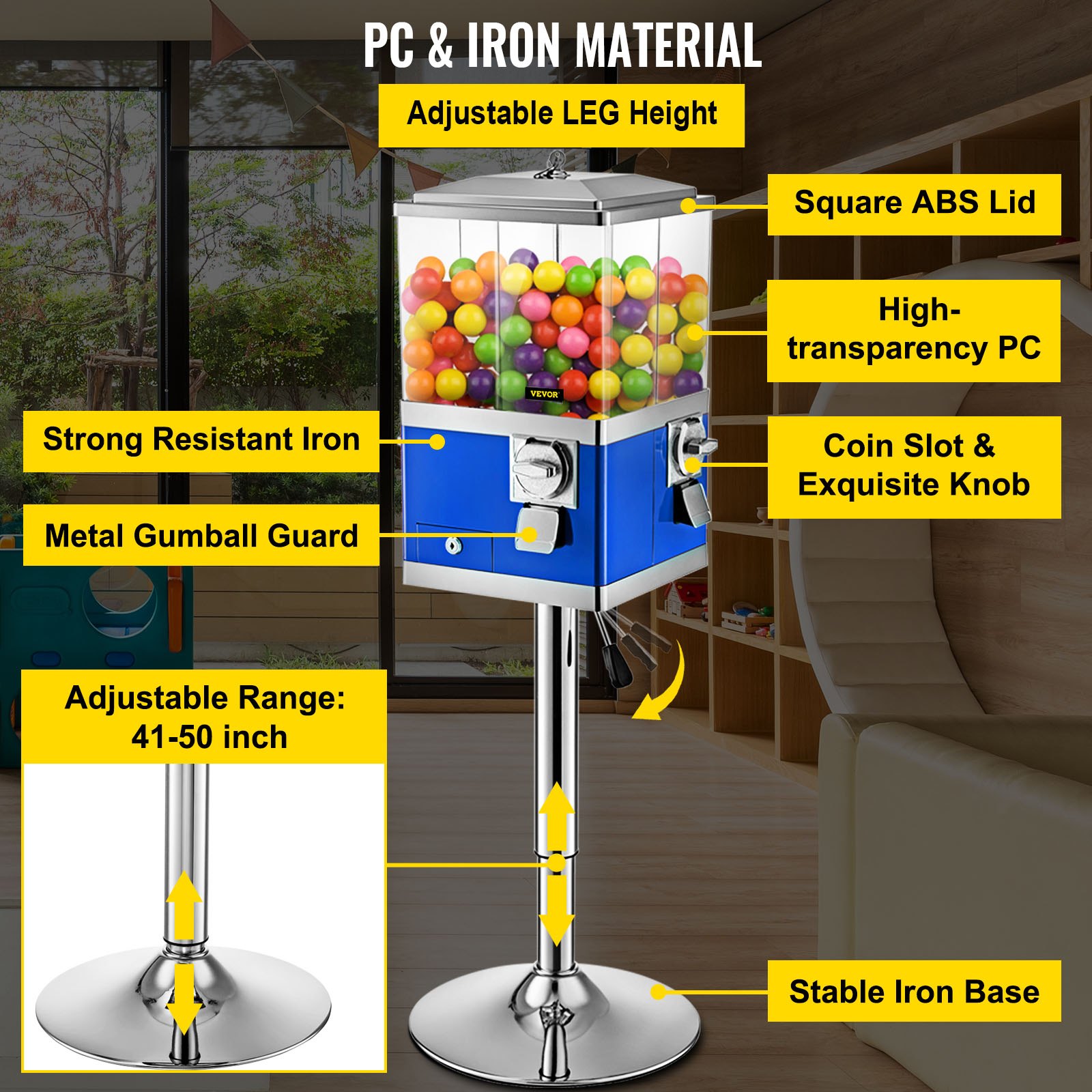 Máquina expendedora VEVOR con altura ajustable y protector de chicles en una habitación moderna.