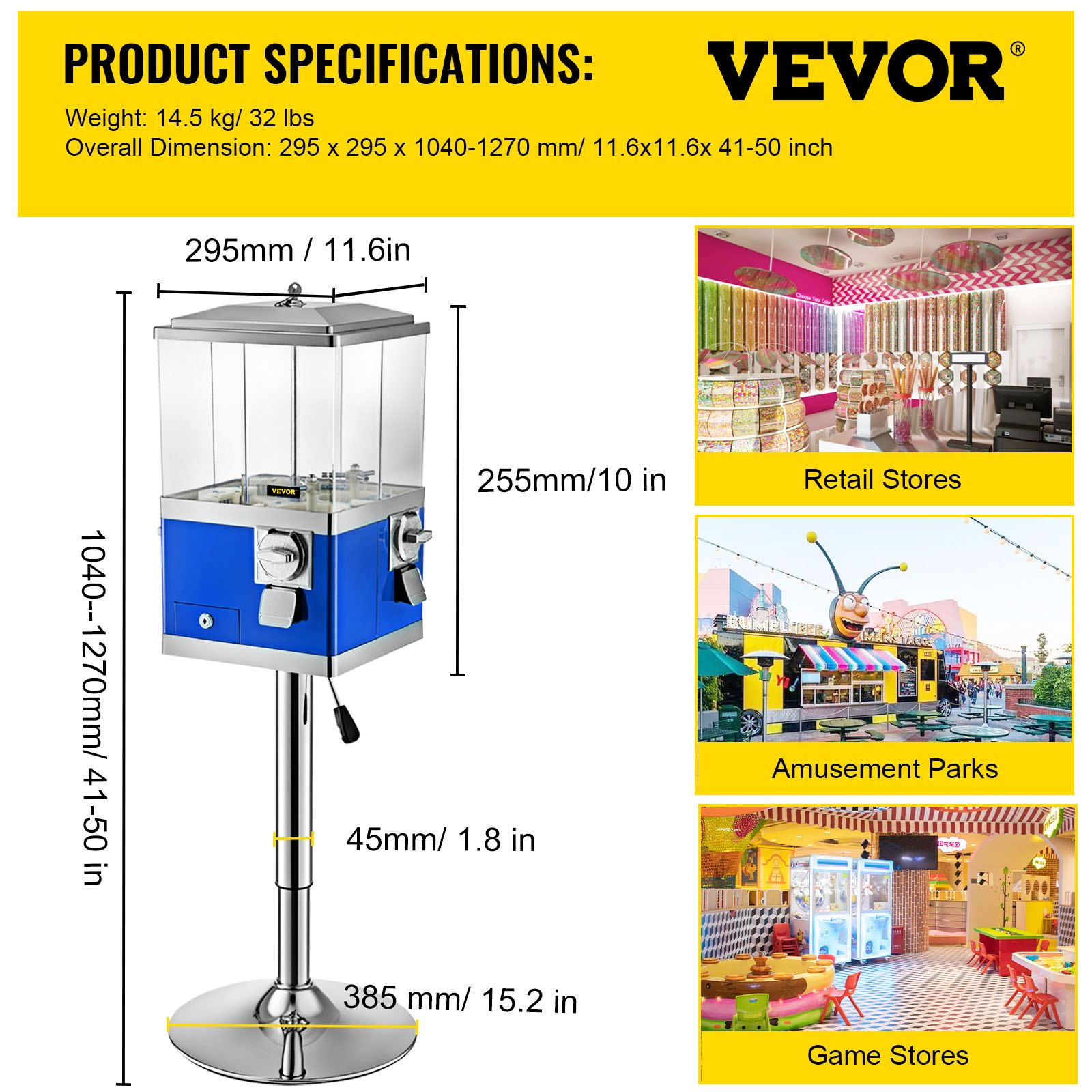 Dimensiones de la máquina expendedora VEVOR y ubicaciones adecuadas en tiendas minoristas, de entretenimiento y de juegos.