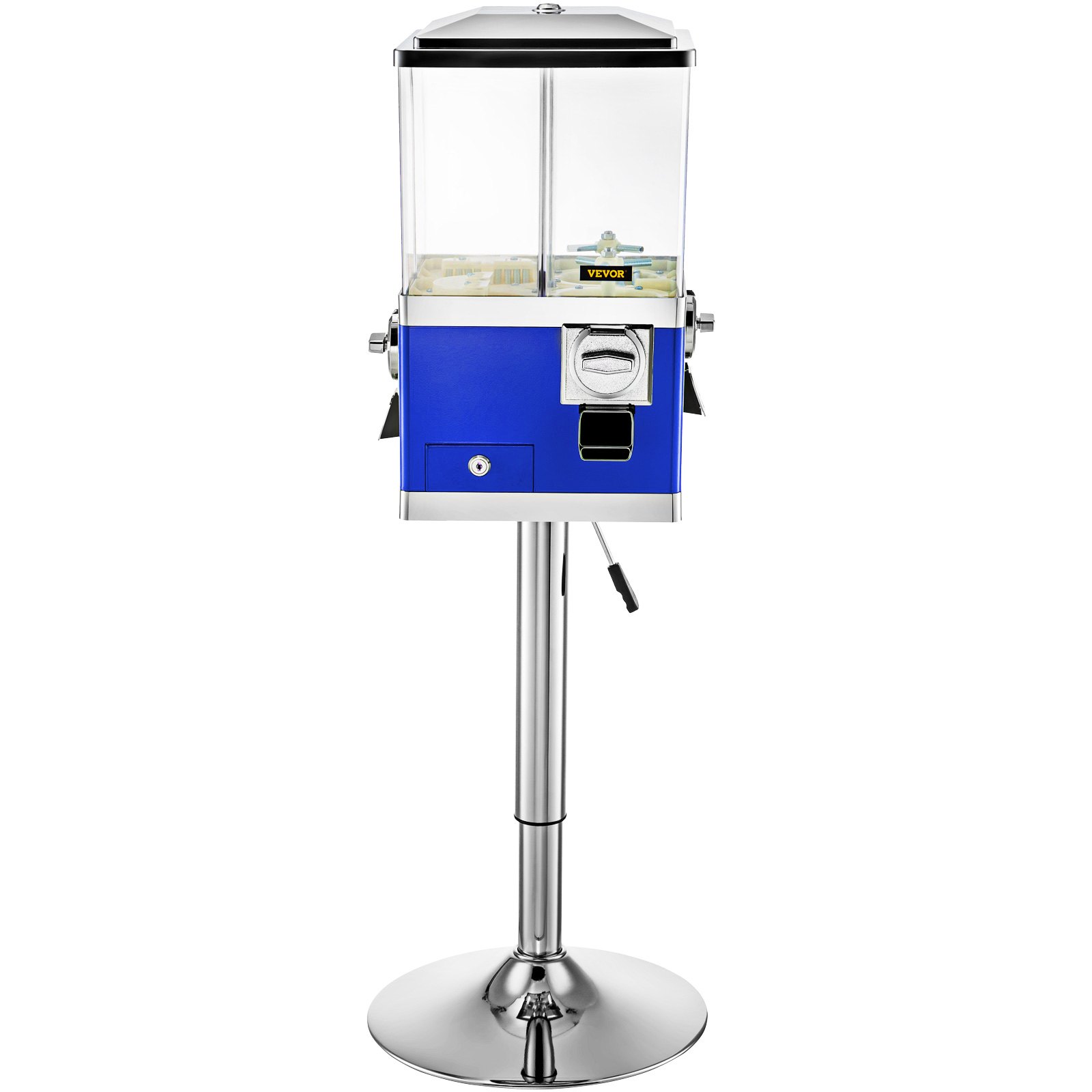 Máquina expendedora VEVOR con cuerpo azul y parte superior transparente sobre soporte cromado.