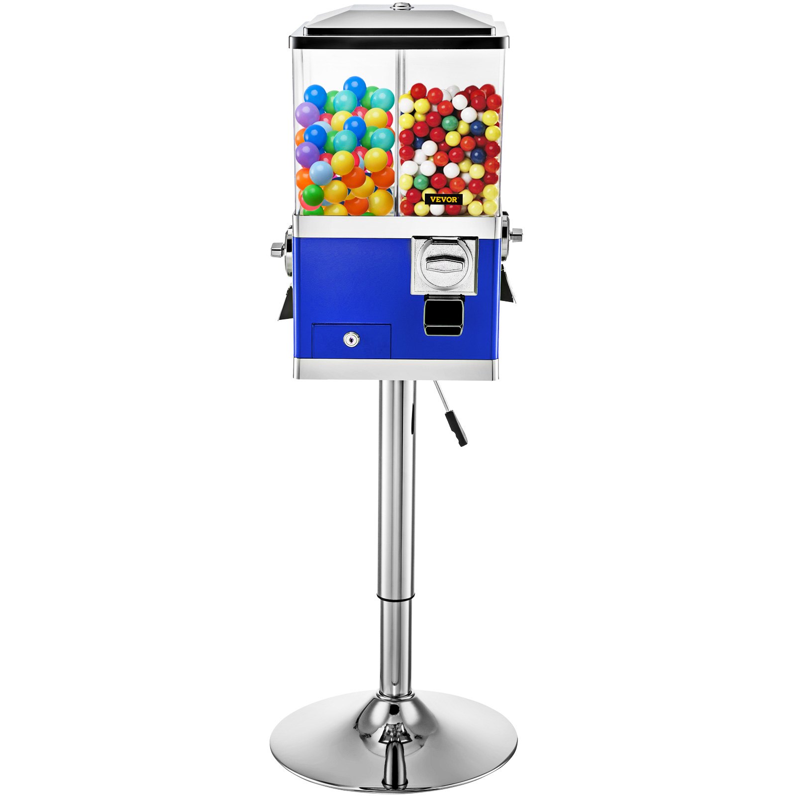 Máquina expendedora VEVOR azul llena de chicles de colores sobre un soporte de acero inoxidable.