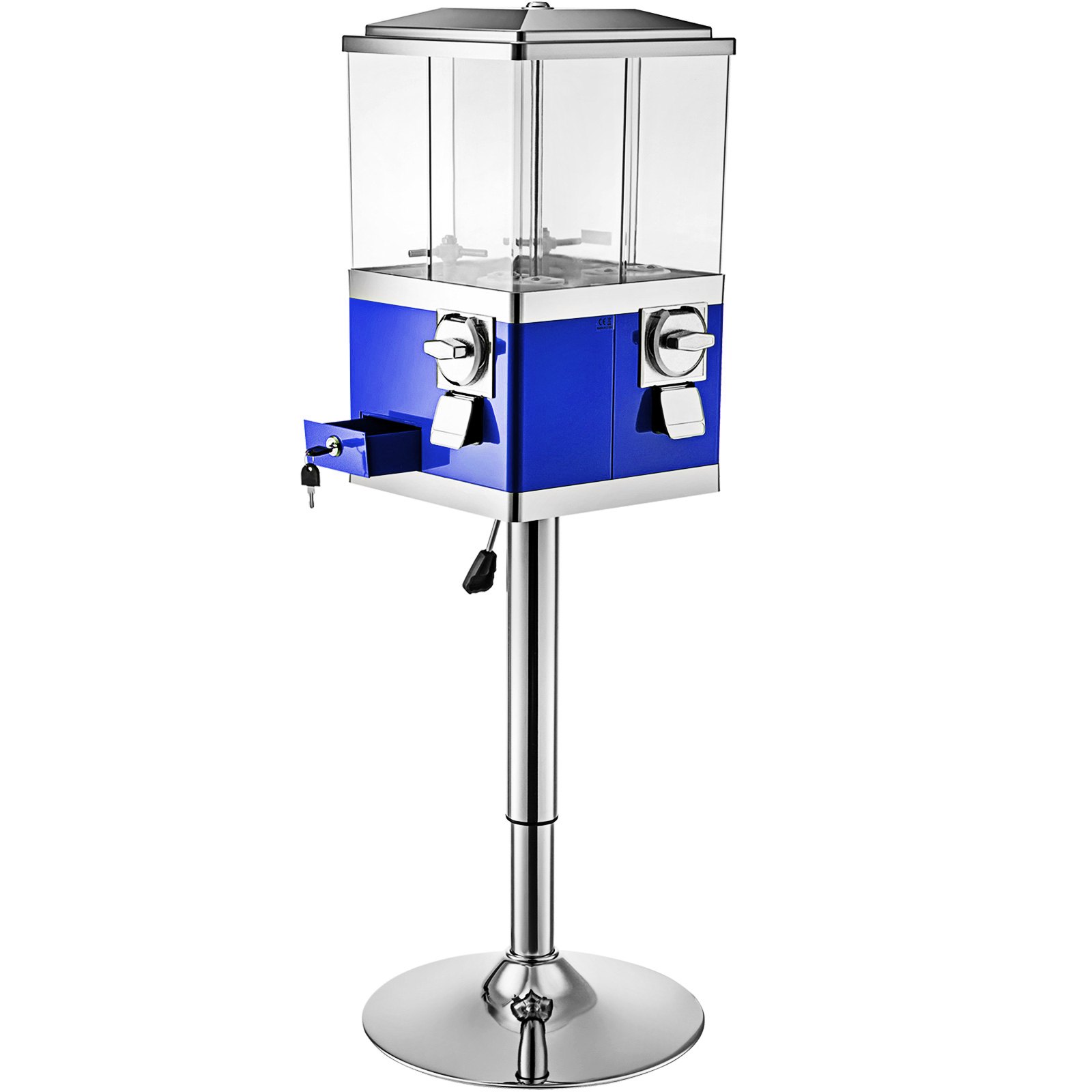 Máquina expendedora VEVOR azul sobre soporte cromado, con dispensadores dobles y cerradura con llave.
