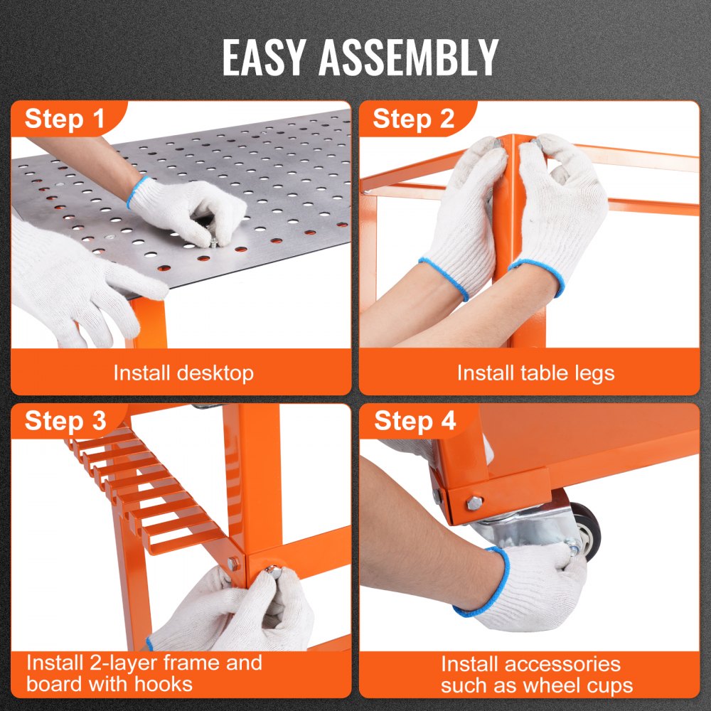 Mesa de soldadura VEVOR de 91 x 61 cm, capacidad de carga de 272 kg, banco de trabajo de soldadura de acero con ruedas, banco de trabajo portátil con tablero de almacenamiento de doble capa, orificios para fijación de 16 mm y 11 ganchos.
