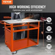 Mesa de soldadura VEVOR de 36 x 24 pulgadas, capacidad de carga de 600 libras, mesa de trabajo de soldadura de acero con ruedas, banco de trabajo portátil con tablero de almacenamiento de doble capa, agujeros de fijación de 5/8 pulgadas, 11 ganchos