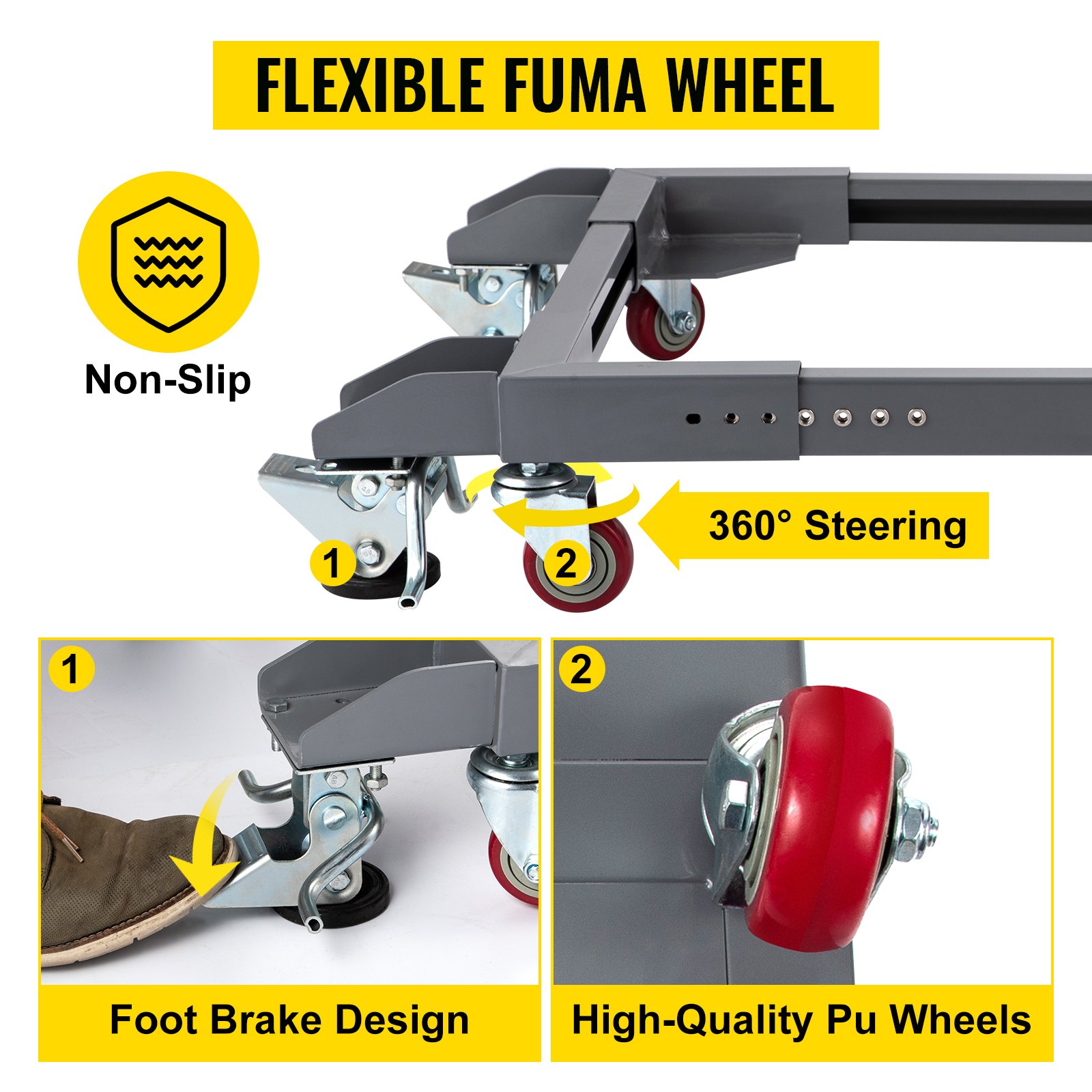 Base móvil universal ajustable VEVOR con capacidad de carga de 680 kg. Base móvil resistente con ruedas y palancas de bloqueo, ideal para mover equipos de carpintería, refrigeradores y lavadoras.
