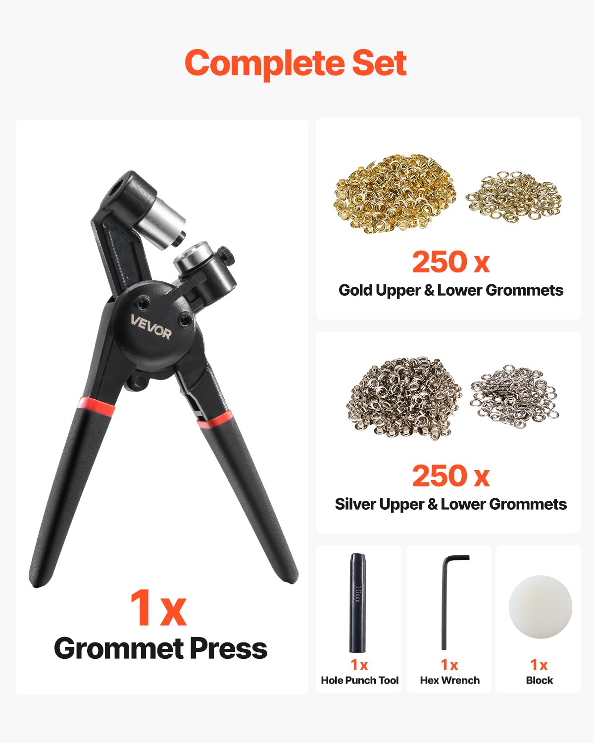 Kit de herramientas para ojales VEVOR, 500 ojales metálicos de 3/8 de pulgada en dorado y plateado, con alicates manuales, perforadora y bloque, para cuero, lonas, zapatos, manualidades, tela y cinturones.