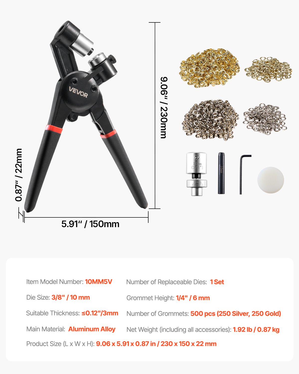 Kit de herramientas para ojales VEVOR, 500 ojales metálicos de 3/8 de pulgada en dorado y plateado, con alicates manuales, perforadora y bloque, para cuero, lonas, zapatos, manualidades, tela y cinturones.