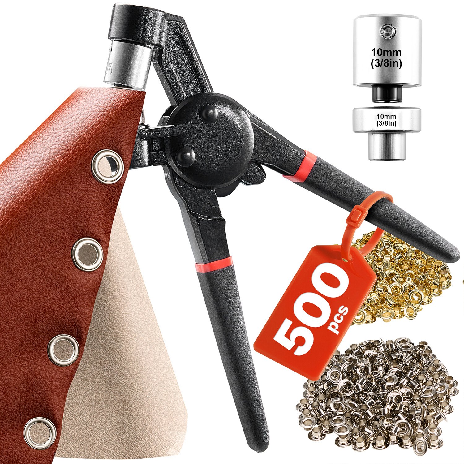Kit de herramientas para ojales VEVOR, 500 ojales metálicos de 3/8 de pulgada en dorado y plateado, con alicates manuales, perforadora y bloque, para cuero, lonas, zapatos, manualidades, tela y cinturones.
