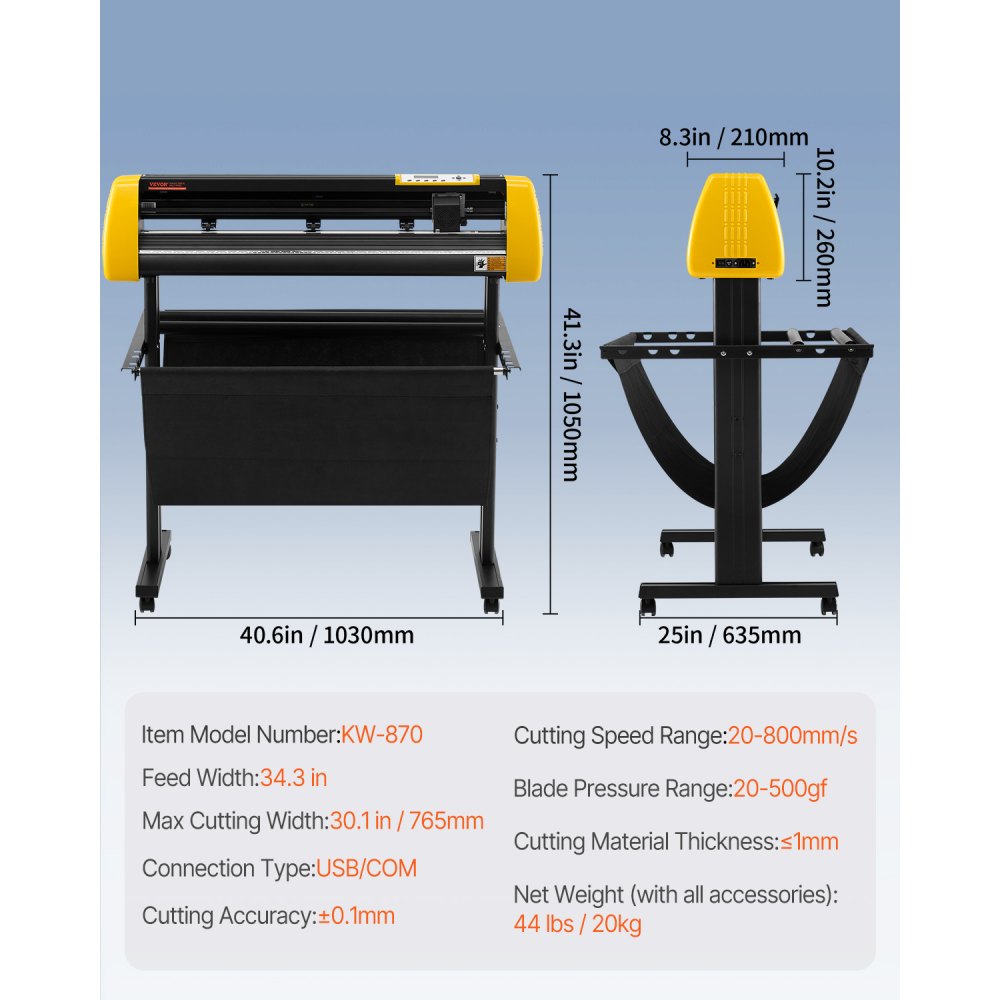 VEVOR Máquina cortadora de vinilo, trazador de corte de alimentación máxima de papel de 34 pulgadas/870 mm, impresora de pantalla LCD de corte automático de contorno de cámara con soporte, fuerza y ​​velocidad ajustables para cortador de trazador de fabricación de letreros