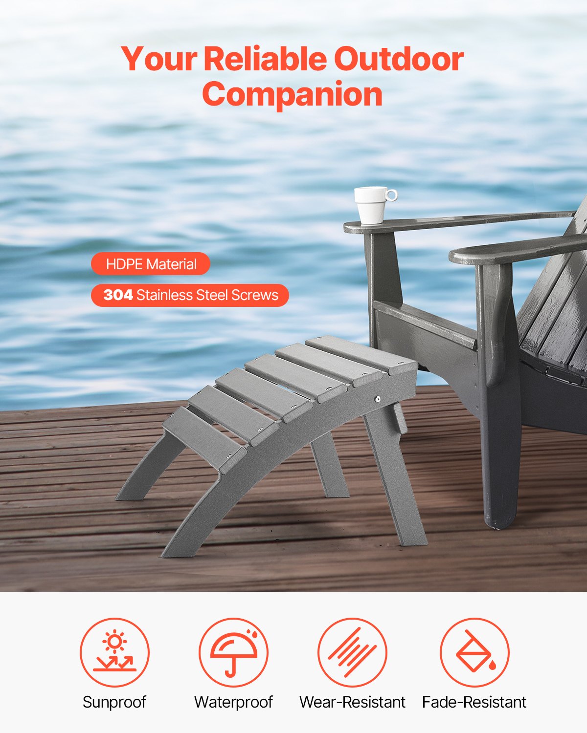 Reposapiés plegable para patio Adirondack Ottoman de 21,5 L x 18,9 W x 14,8 H en HDPE, color gris
