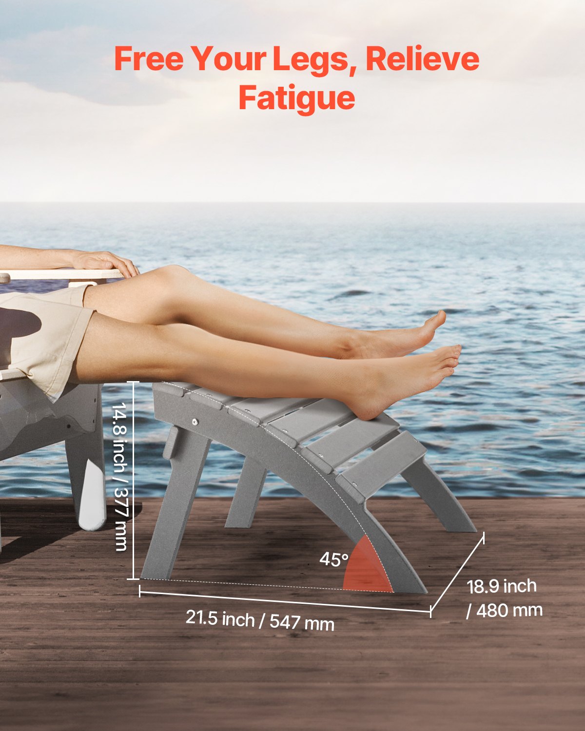 Reposapiés plegable para patio Adirondack Ottoman de 21,5 L x 18,9 W x 14,8 H en HDPE, color gris