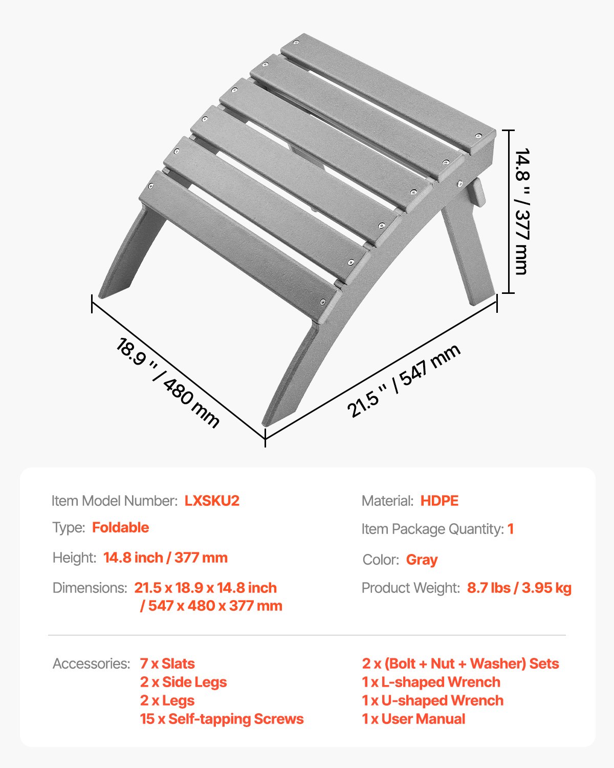 Otomana Adirondack VEVOR, 55 cm (largo) x 48 cm (ancho) x 37 cm (alto), plegable, de plástico HDPE. Reposapiés resistente a la intemperie para silla Adirondack. Ideal para porches, piscinas, jardines, etc., color gris.