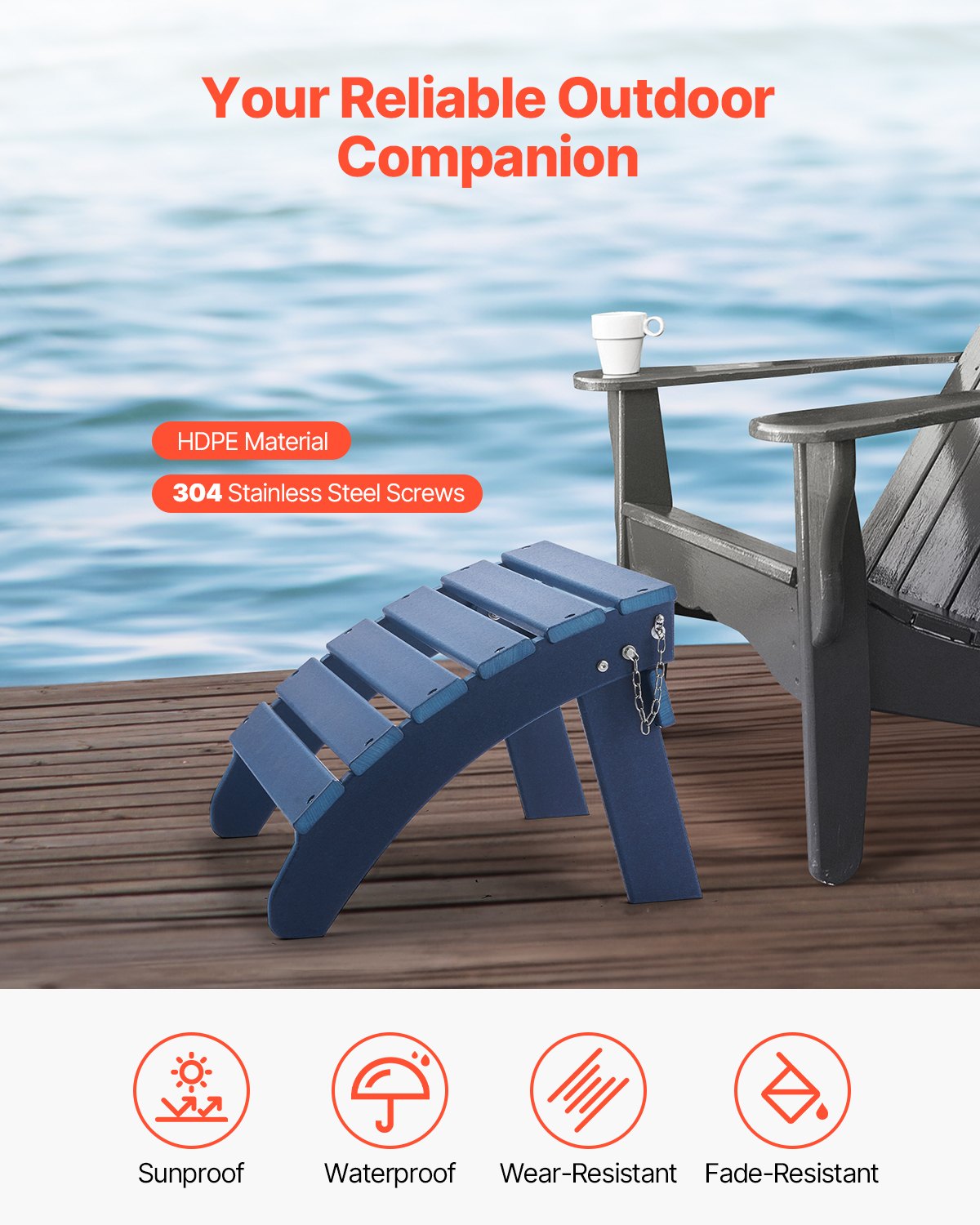 Reposapiés plegable de HDPE Adirondack, juego de 2, 18,7 x 18,9 x 13,8 pulgadas, color azul