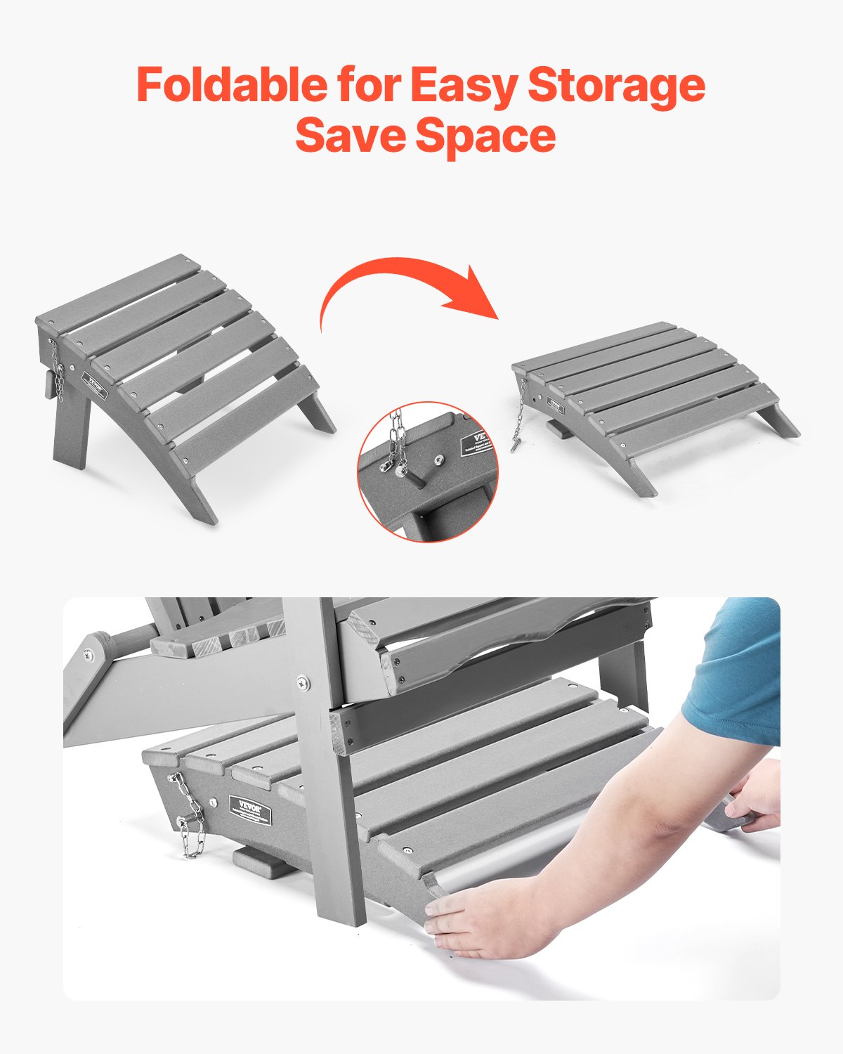 Reposapiés plegable para patio Adirondack Ottoman de HDPE de 16,9 x 18,9 x 13 pulgadas, color gris