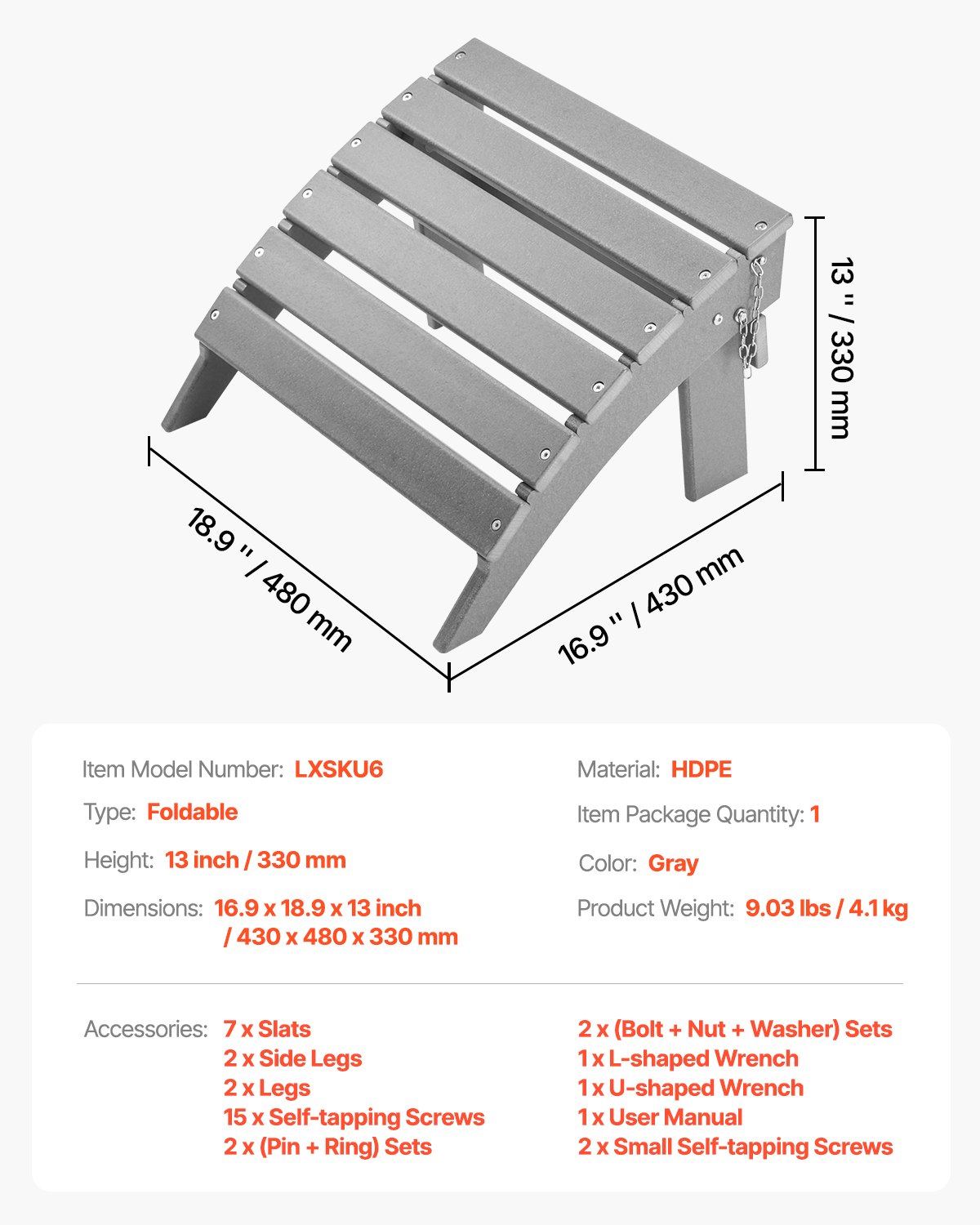 Reposapiés plegable para patio Adirondack Ottoman de HDPE de 16,9 x 18,9 x 13 pulgadas, color gris