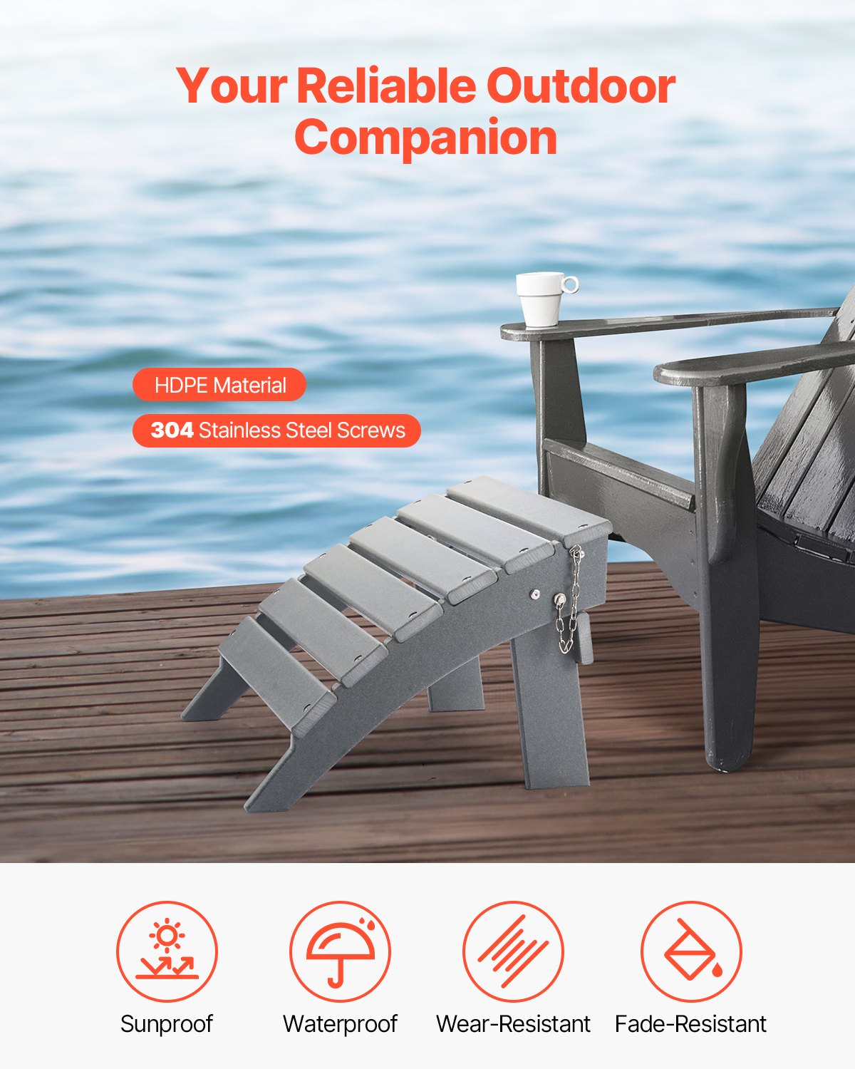 Otomana Adirondack VEVOR, 43 cm (largo) x 48 cm (ancho) x 33 cm (alto), plegable, de plástico HDPE. Reposapiés resistente a la intemperie para silla Adirondack. Ideal para porches, piscinas, jardines, etc., color gris.