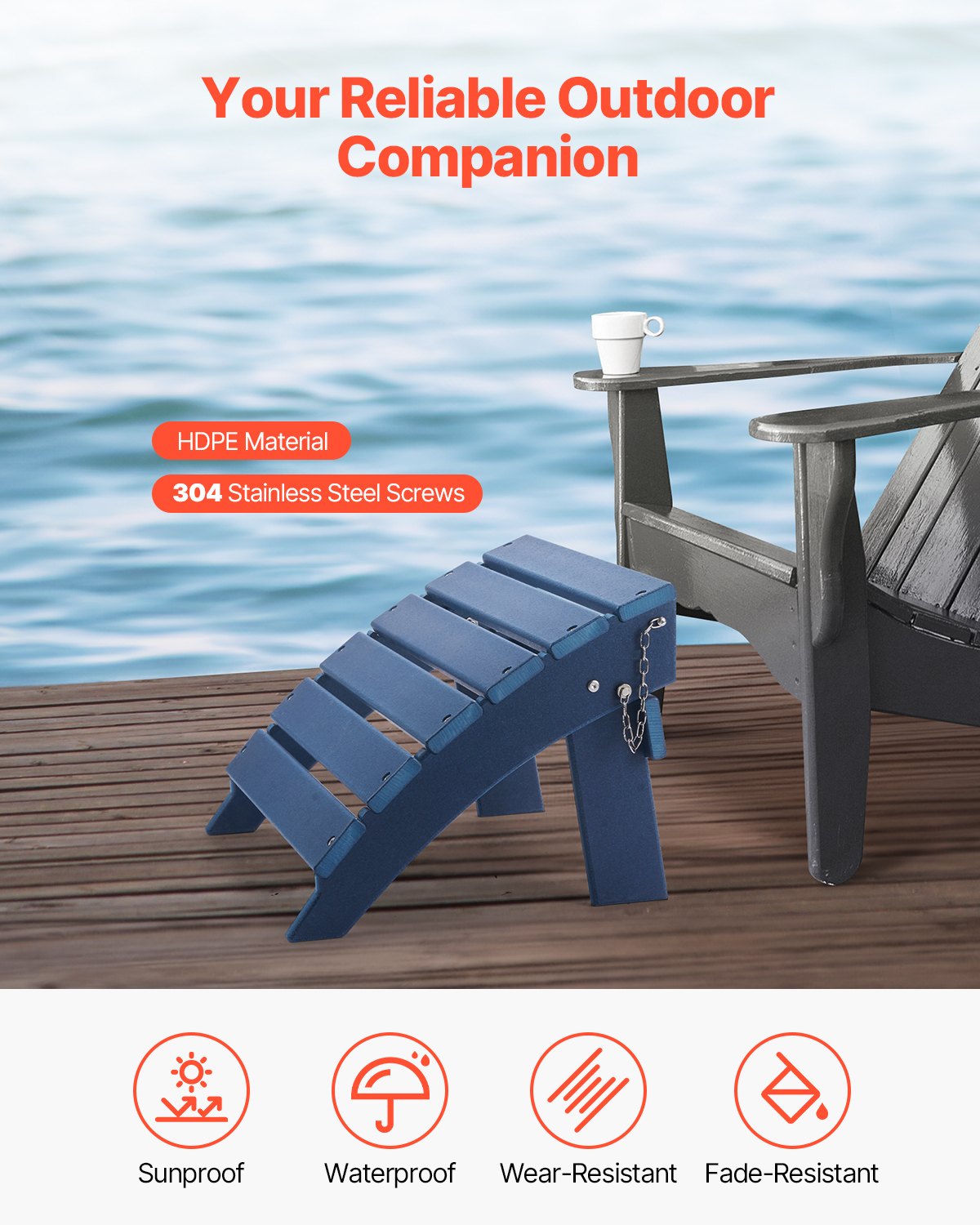 Reposapiés plegable para patio de HDPE de 15,7 L x 18,9 W x 13 H Adirondack Ottoman, color azul