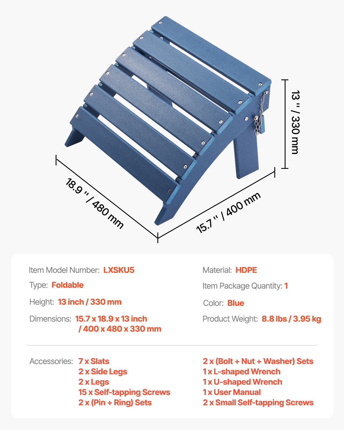 Otomana Adirondack VEVOR, 40 cm (largo) x 48 cm (ancho) x 33 cm (alto), plegable, de plástico HDPE, con reposapiés resistente a la intemperie para silla Adirondack, ideal para porches, piscinas, jardines, etc., color azul.