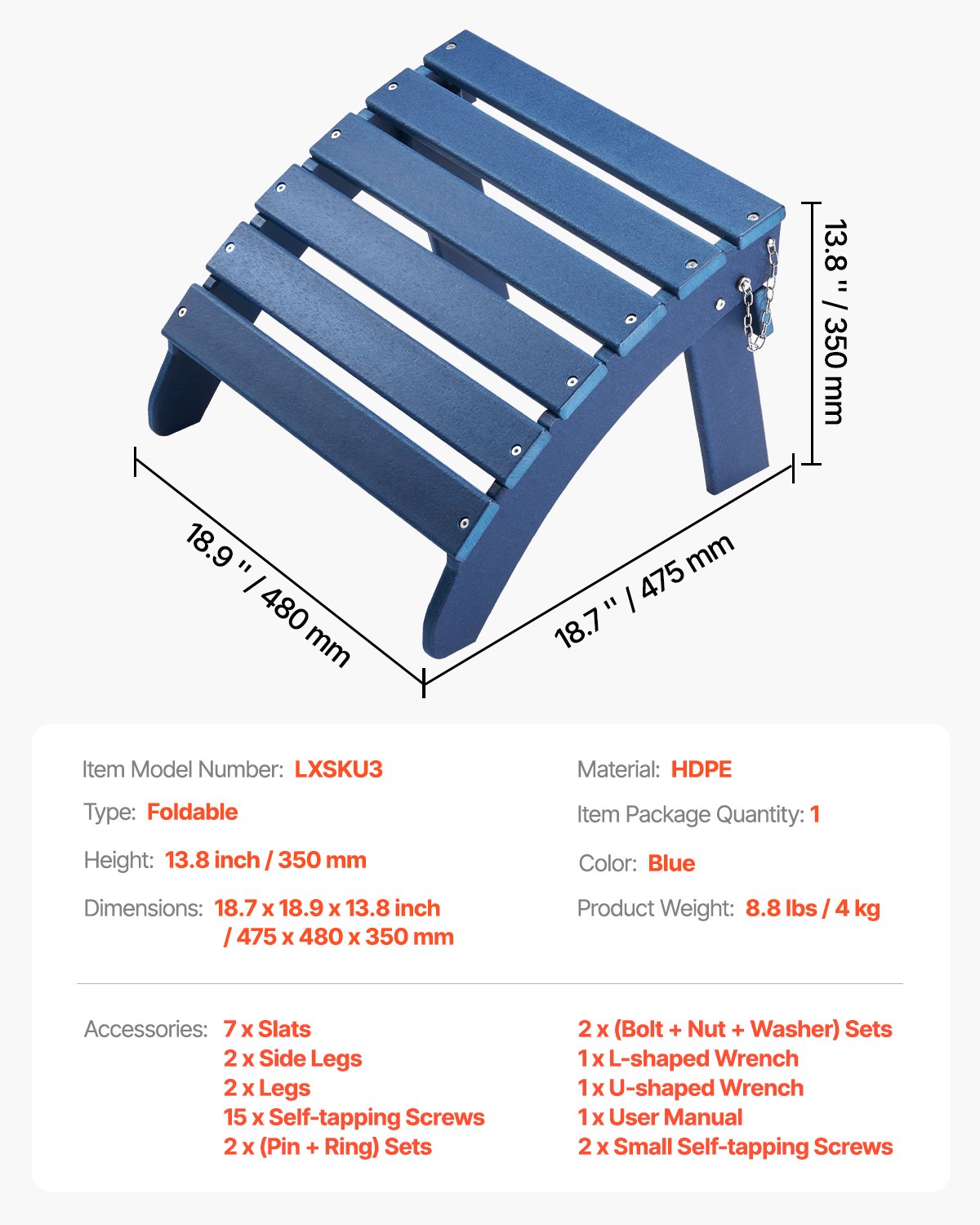 Reposapiés plegable para patio Adirondack Ottoman de HDPE de 18,7 x 18,9 x 13,8 pulgadas, color azul