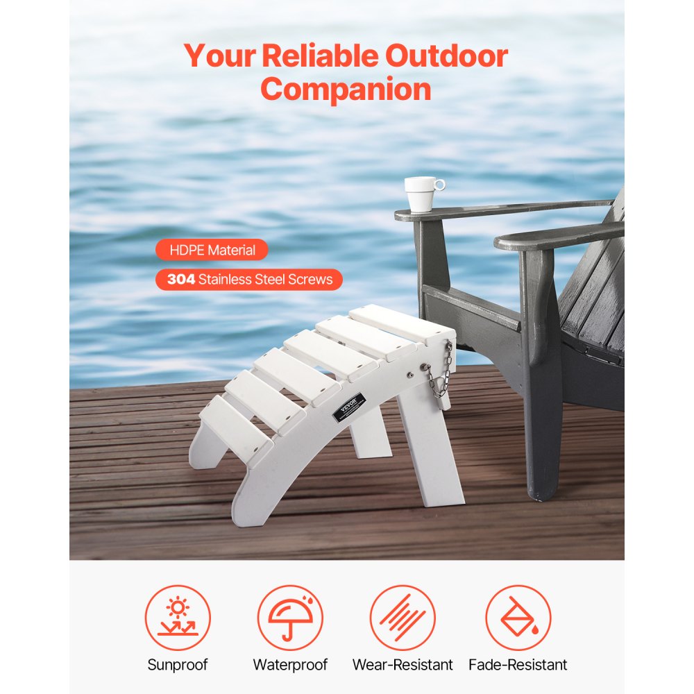 Otomana Adirondack VEVOR, 45 cm (largo) x 50 cm (ancho) x 35 cm (alto), plegable, de plástico HDPE, con reposapiés resistente a la intemperie para silla Adirondack, ideal para porches, piscinas, jardines, color blanco.