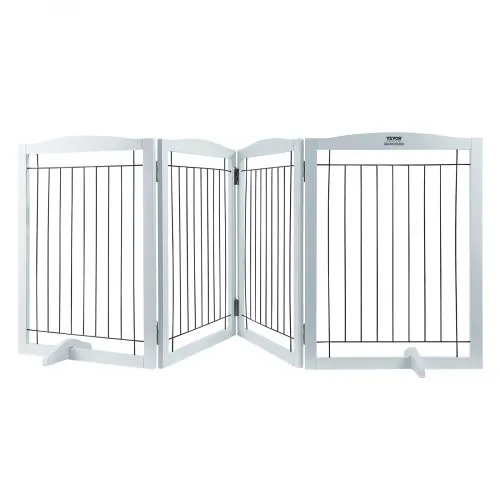 Puerta para perros independiente VEVOR, 32" de alto x 96,5" de ancho, puerta para mascotas independiente, puerta para perros plegable de 4 paneles para pasillos anchos y estrechos, barrera para perros expandible con soporte silencioso para pies para interiores, color blanco