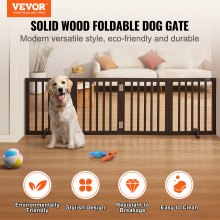 VEVOR Puerta independiente para perros, 24.0 in de alto x 80.3 in de ancho, puerta independiente para mascotas, 4 paneles plegable para pasillos anchos y estrechos, barrera extensible para perros con soporte silencioso para pies para interior, marrón