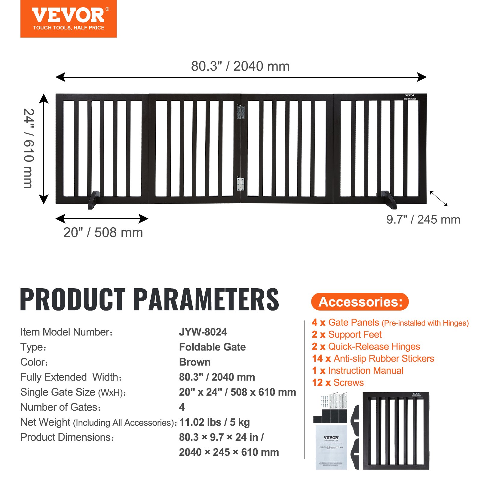 VEVOR Indoor Pet Barrier, 24" Height x 80.3" Width, 4-Panel Folding Gate for Pets, Adjustable and Versatile Dog Fence for Both Wide and Slim Openings, Quiet Foot Pads, in Brown