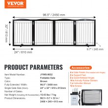 VEVOR Puerta independiente para perros, 32" H x 96.5" W Puerta independiente para mascotas, 4 paneles Puerta plegable para perros para pasillos anchos y estrechos, Barrera expandible para perros con soporte silencioso para pies para interiores, marrón