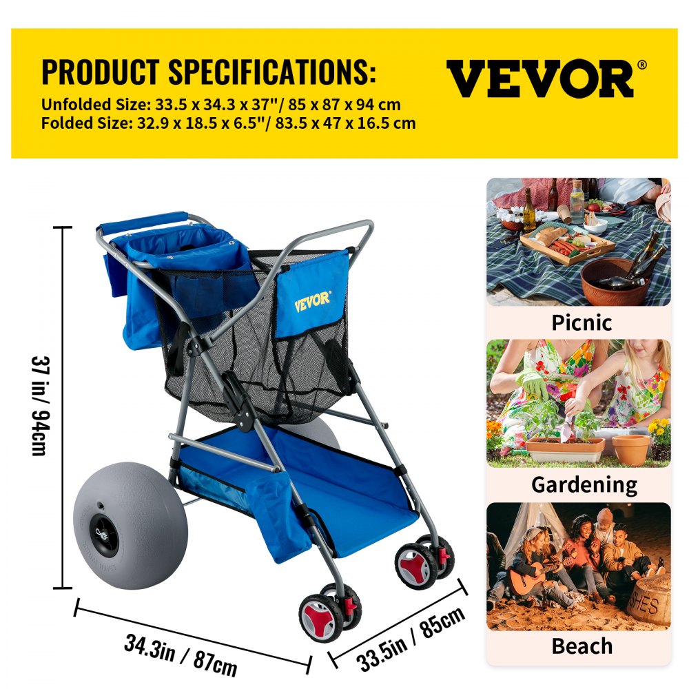 Carrito de playa VEVOR con ruedas grandes ideal para picnics, jardinería y uso en la playa. Dimensiones incluidas.