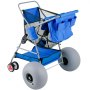 Carrito de playa VEVOR con tela azul, ruedas grises grandes y estructura de metal resistente para transportar arena fácilmente.