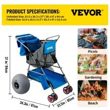 VEVOR Beach Wonder Wheeler, ruedas de globo todoterreno de 12 pulgadas, carro de playa de 350 libras para arena, buggy de playa con soporte para chanclas, bolsa de almacenamiento, 2 soportes para sillas de playa, azul