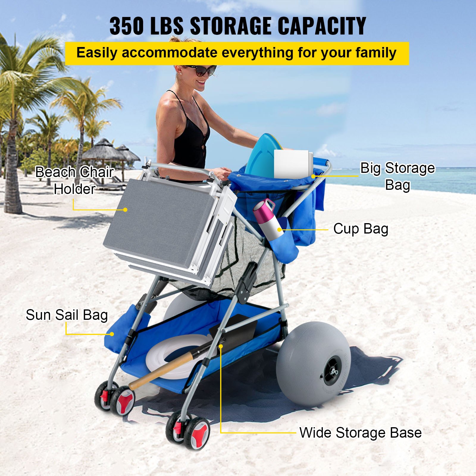 Carrito de playa VEVOR con capacidad de almacenamiento de 350 libras, bolsa de almacenamiento grande, soporte para silla de playa y bolsa para tazas.