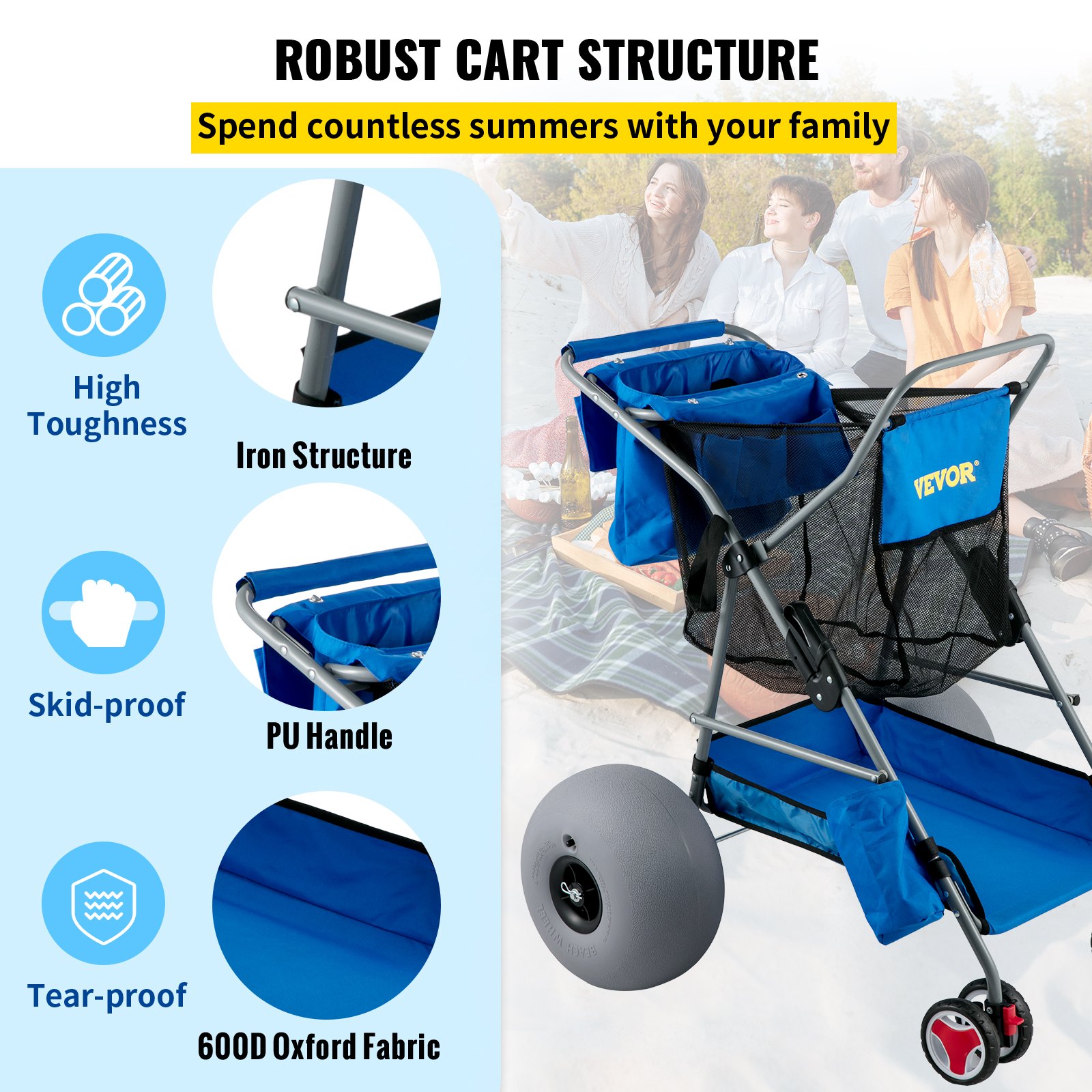 Carrito de playa VEVOR con estructura de hierro, asa de PU y tela Oxford 600D resistente al desgarro para salidas familiares.
