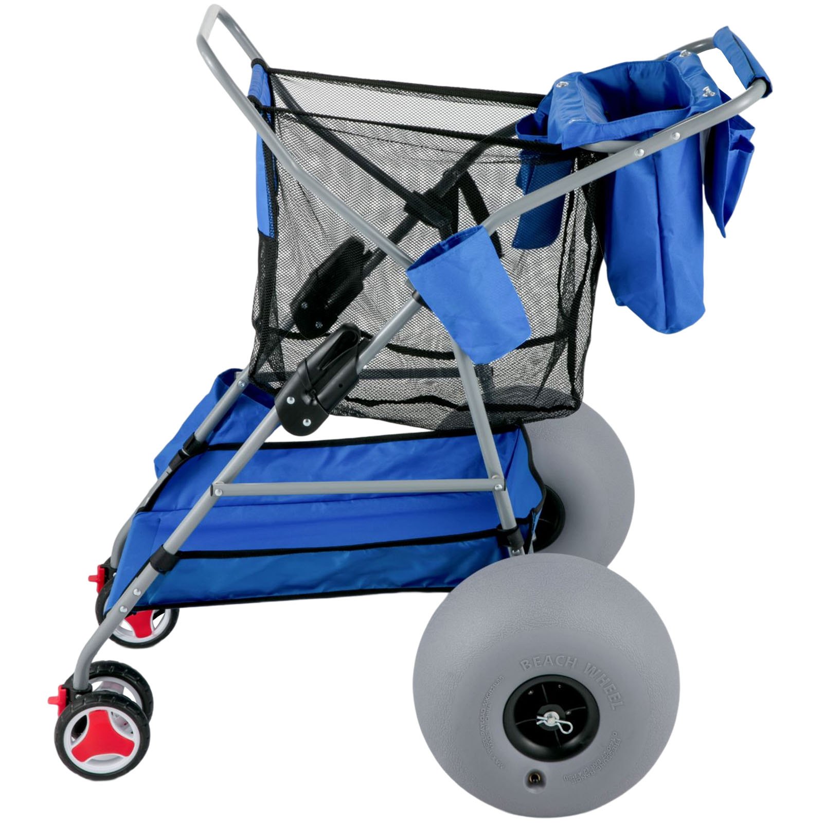 Carrito de playa VEVOR con ruedas grandes, bolsas de almacenamiento azules y una cubierta de malla, diseñado para facilitar el transporte de arena.
