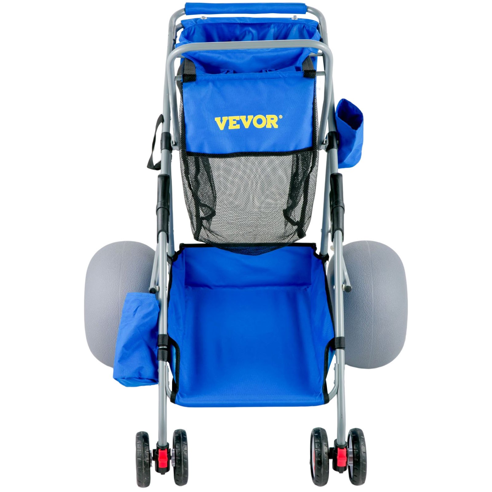 Carrito de playa VEVOR azul con ruedas grandes, almacenamiento de malla y múltiples compartimentos para artículos esenciales de playa.
